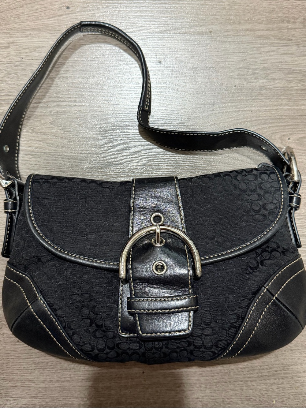 Black Logo-Pattern Shoulder Bag with Buckle Accent